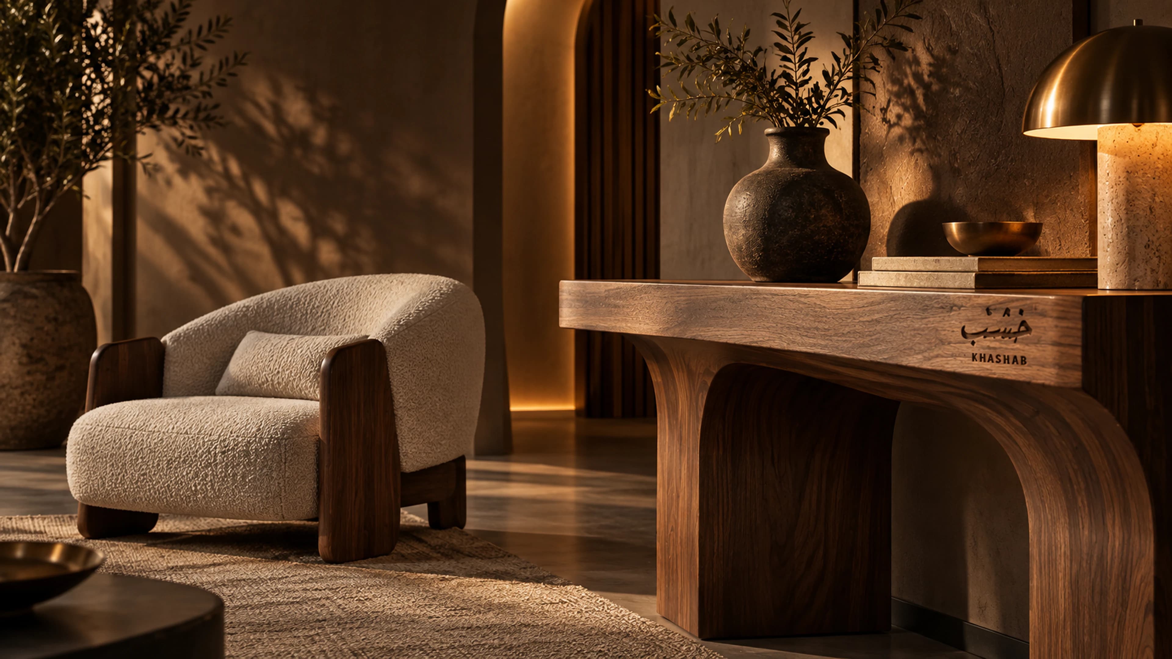 Sculptural walnut console and lounge chair with the Khashab mark engraved into the wood