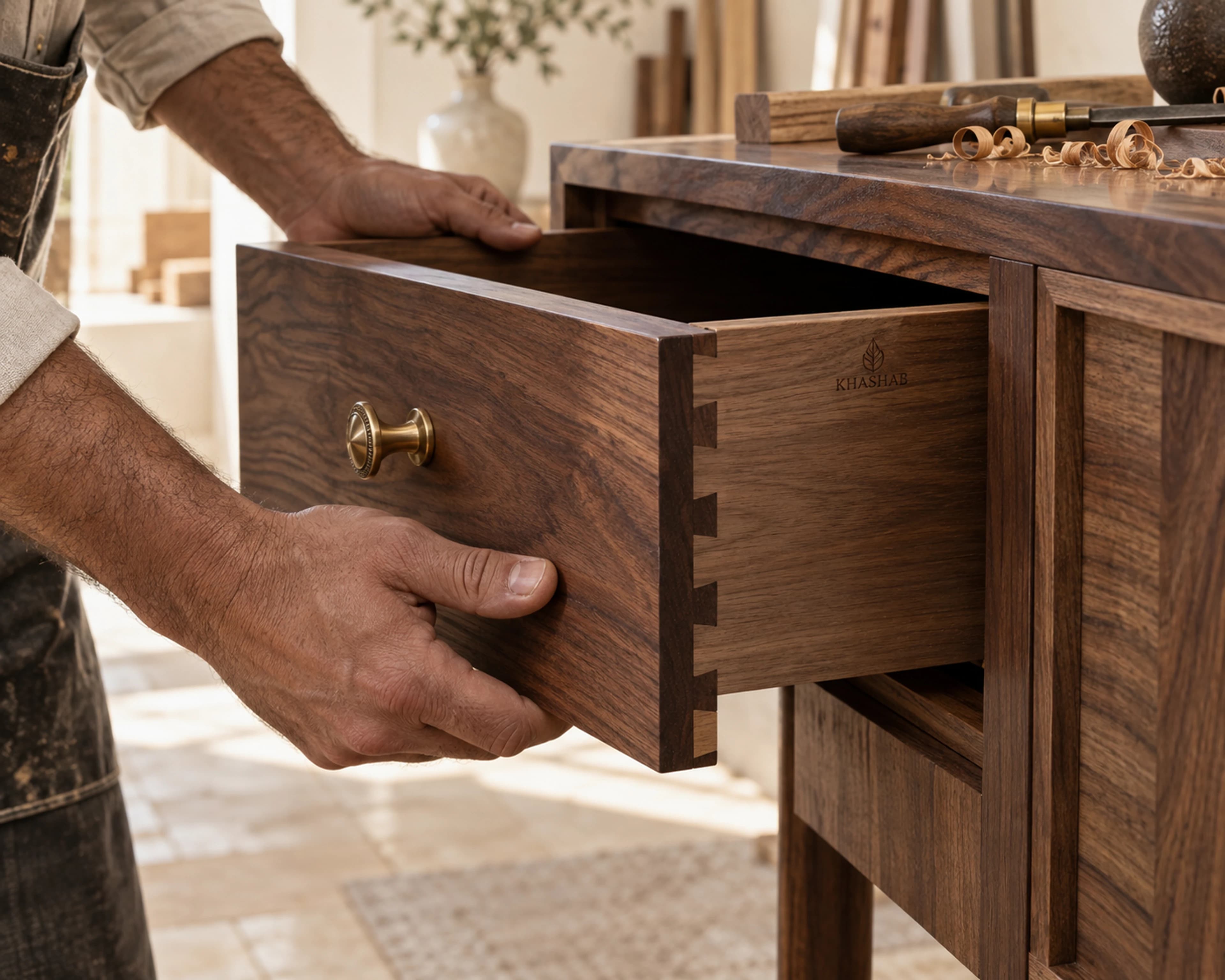 Craftsperson fitting a dovetail walnut drawer into a custom cabinet