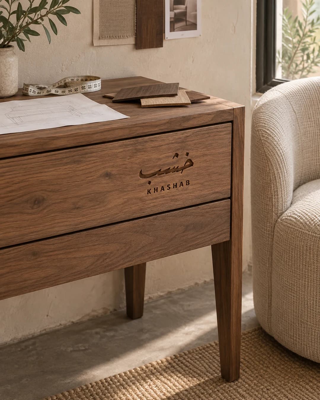 Engraved walnut console with furniture drawings and material samples in a daylit atelier