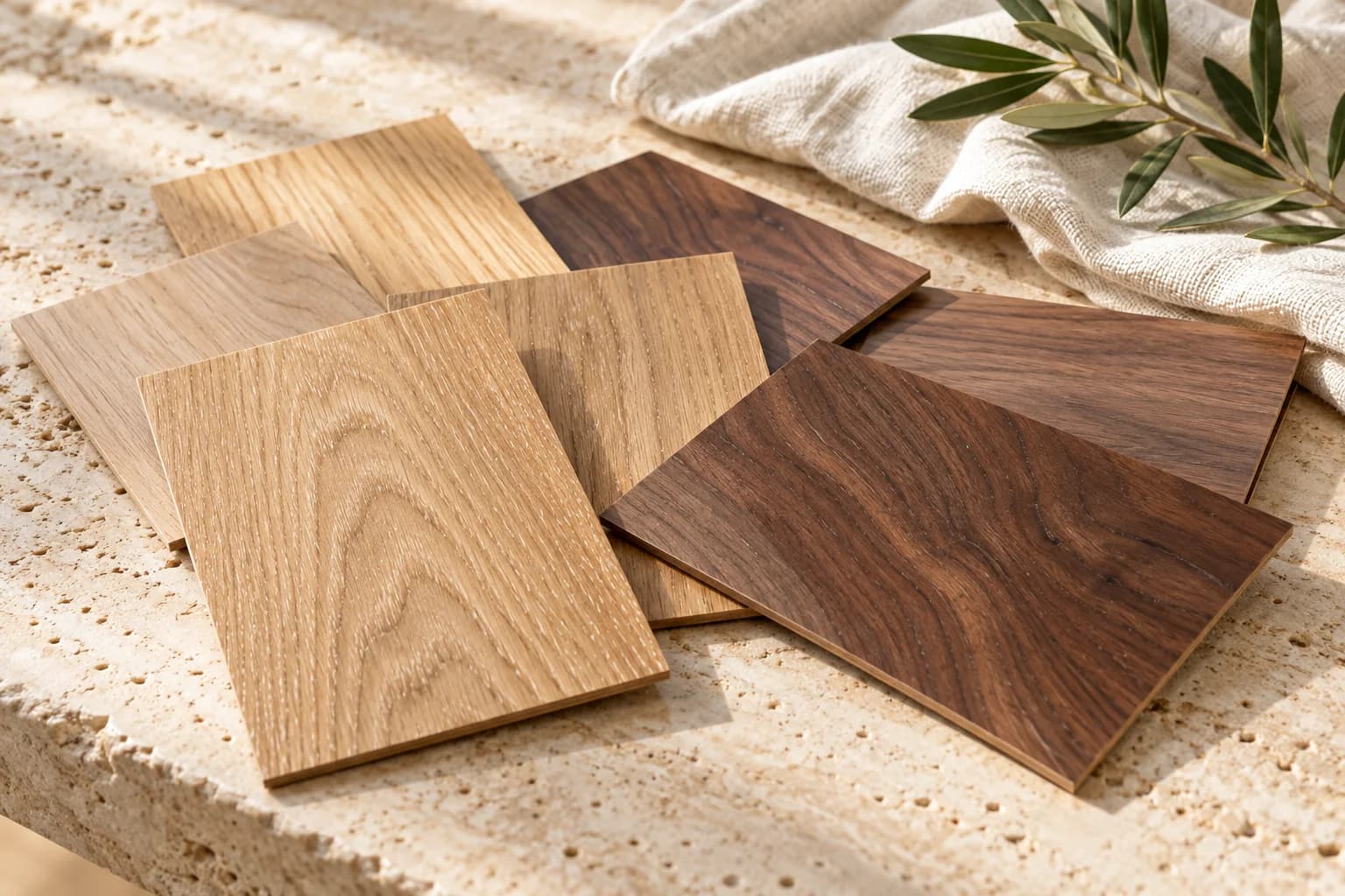 Oak and walnut veneer sample chips, some lacquered and some raw, on a travertine table in daylight